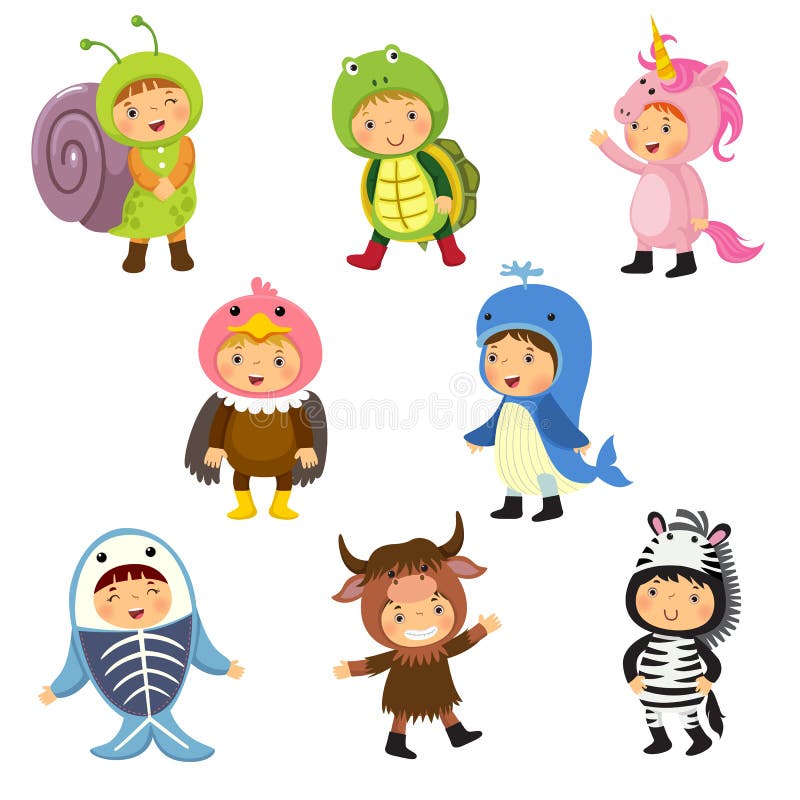 Set of cute kids wearing animal costumes. Set of cute kids wearing animal costumes.
