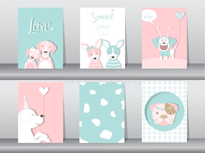 Set śliczni zwierzęta plakaty, projekt dla valentine ` s dnia, szablon, karty, psy, Wektorowe ilustracje ilustracja wektor Set śliczni zwierzęta plakaty, projekt dla valentine ` s dnia, szablon, karty, psy, Wektorowe ilustracje ilustracja wektor
