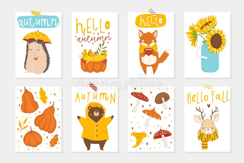 Set 8 ślicznych jesieni pocztówek z zwierzętami ilustracja wektor Set 8 ślicznych jesieni pocztówek z zwierzętami ilustracja wektor