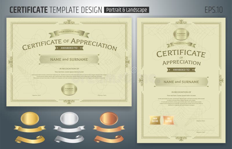 Set of certificate of appreciation template with award ribbon on abstract guilloche background with vintage border style. Set of certificate of appreciation template with award ribbon on abstract guilloche background with vintage border style