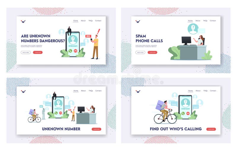 Set șablon pagină de debarcare număr necunoscut. mici caractere din jurul telefonului inteligent uriaș primesc apeluri de la servi royalty free illustration