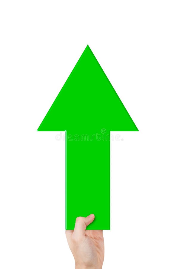 Illustrative abstract view of green arrow sign to up direction, holding on hand, isolated on white background. Illustrative abstract view of green arrow sign to up direction, holding on hand, isolated on white background.