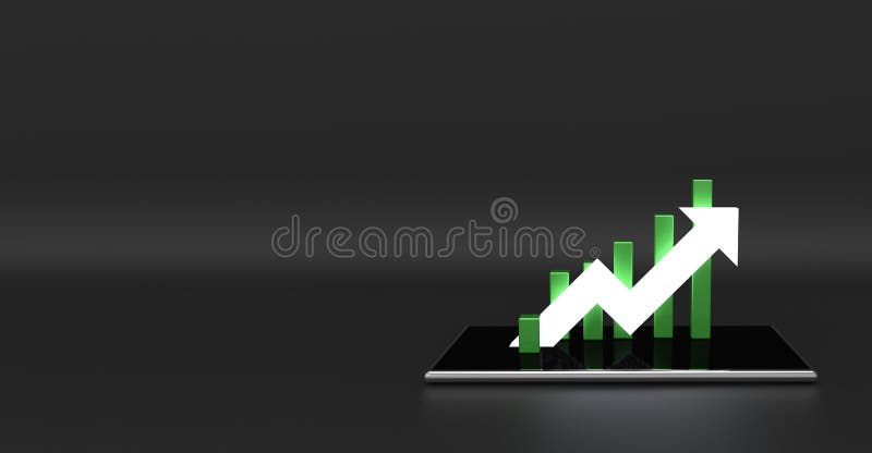 Green arrow and graph on mobile phone. Growing business concept.3D rendering. Green arrow and graph on mobile phone. Growing business concept.3D rendering.