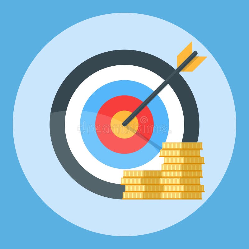 A seta está exatamente no alvo Um grupo de moedas de ouro Ilustração em um fundo da cor ilustração stock A seta está exatamente no alvo Um grupo de moedas de ouro Ilustração em um fundo da cor ilustração stock