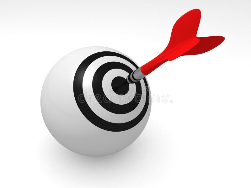 Flecha de dardo vermelha a atingir uma bola alvo sobre fundo branco ilustração stock