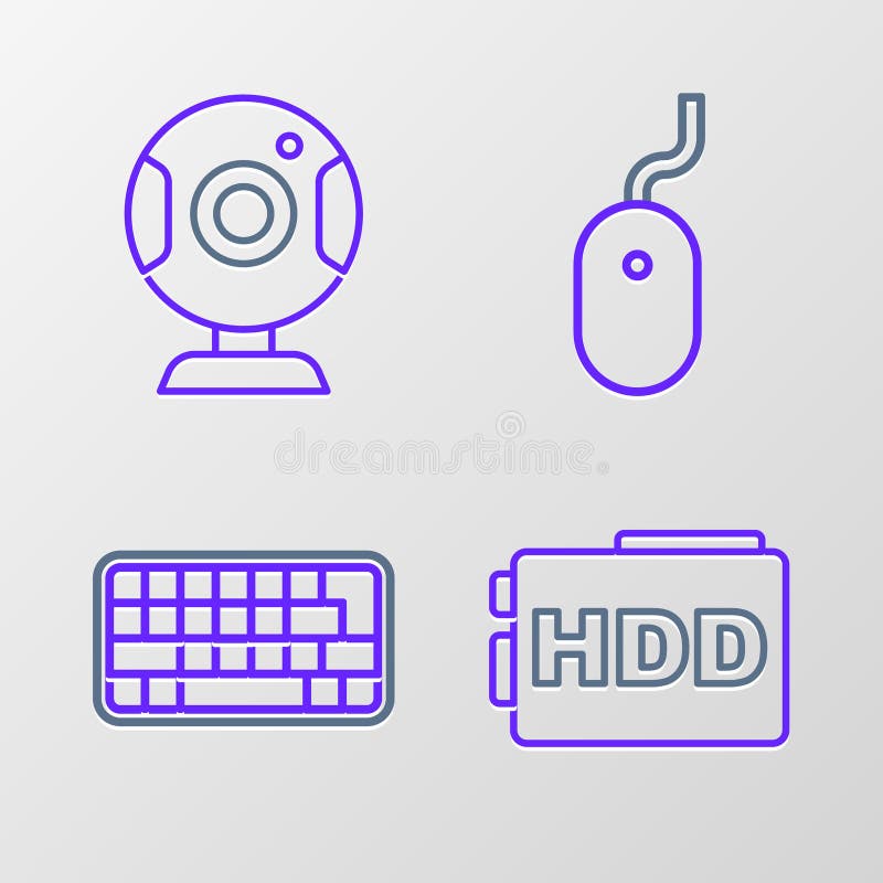 Setare linie Hard disk HDD Tastatură Computer mouse și pictogramă cameră Web. Vector vector illustration