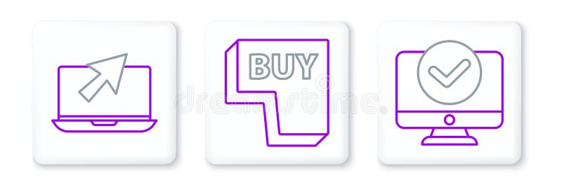Setare linie Monitor computer Laptop și cursor și pictograma Cumpărare buton. Vector royalty free illustration