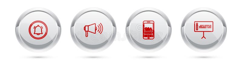 Setare întrebare mobilă megafon pentru notificarea chatului pe buton de linie și exclamare și informare. buton cerc de argint royalty free illustration