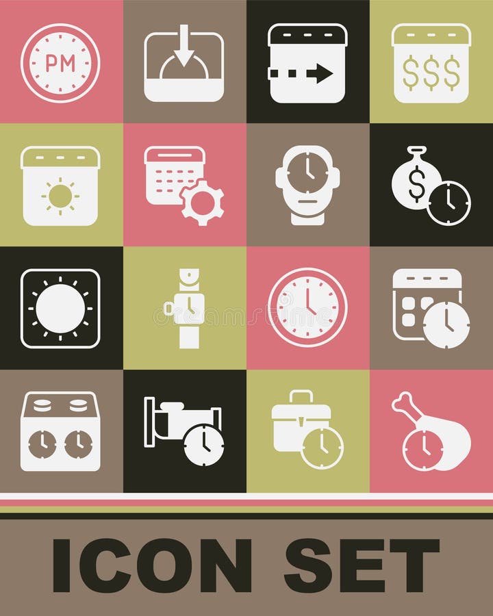 Setarea calendarului și a orei pentru ora mesei înseamnă că banii zboară după pictograma setată zi și ceas de vară. vector vector illustration