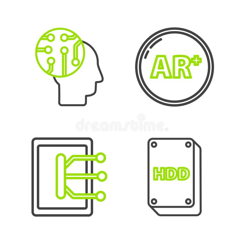 Setarea unui disc hard disk de linie cu tabletă amplificată este realitatea și creierul uman ca pictogramă a plăcii cu circuite di vector illustration