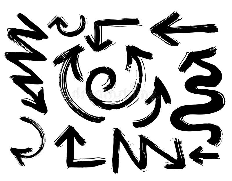 Setas tiradas abstratas da mão preta do vetor ajustadas Ilustração do grupo feito a mão da seta do vetor do esboço do Grunge Veto