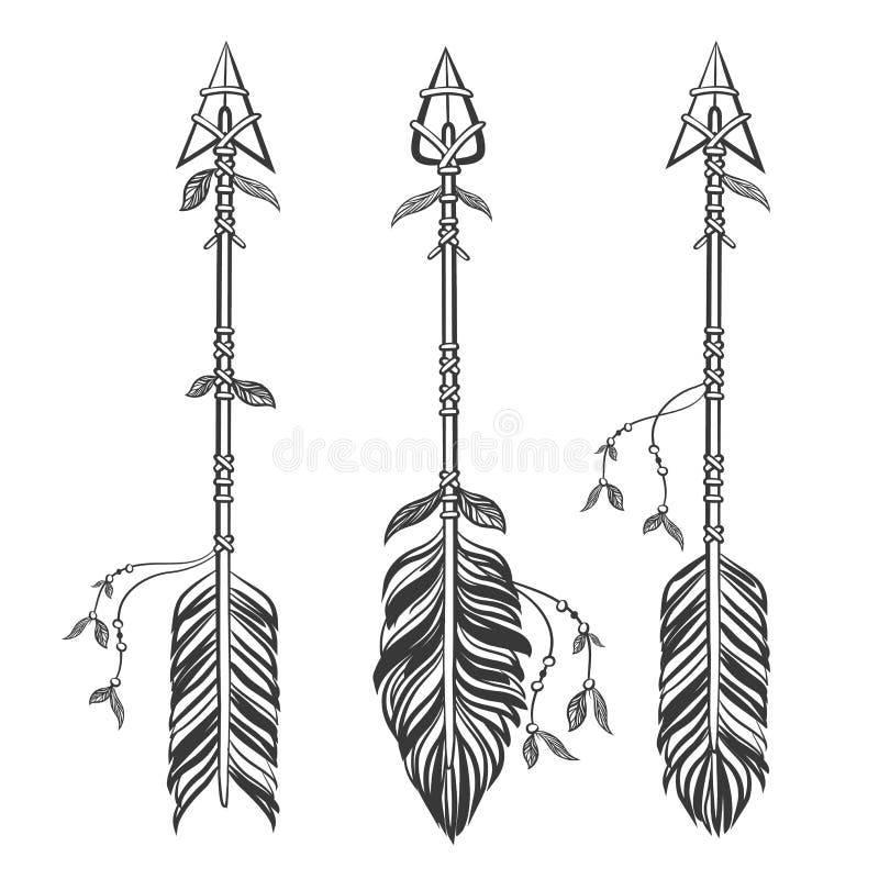 Set Ethnic arrows with feathers. Boho style. Hand drawn vector illustration. Set Ethnic arrows with feathers. Boho style. Hand drawn vector illustration
