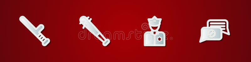 Setați bastonul de cauciuc al poliției cu ajutorul unui ofițer de cuie și al unei pictograme pentru chatul cu bule de vorbire. vec royalty free illustration