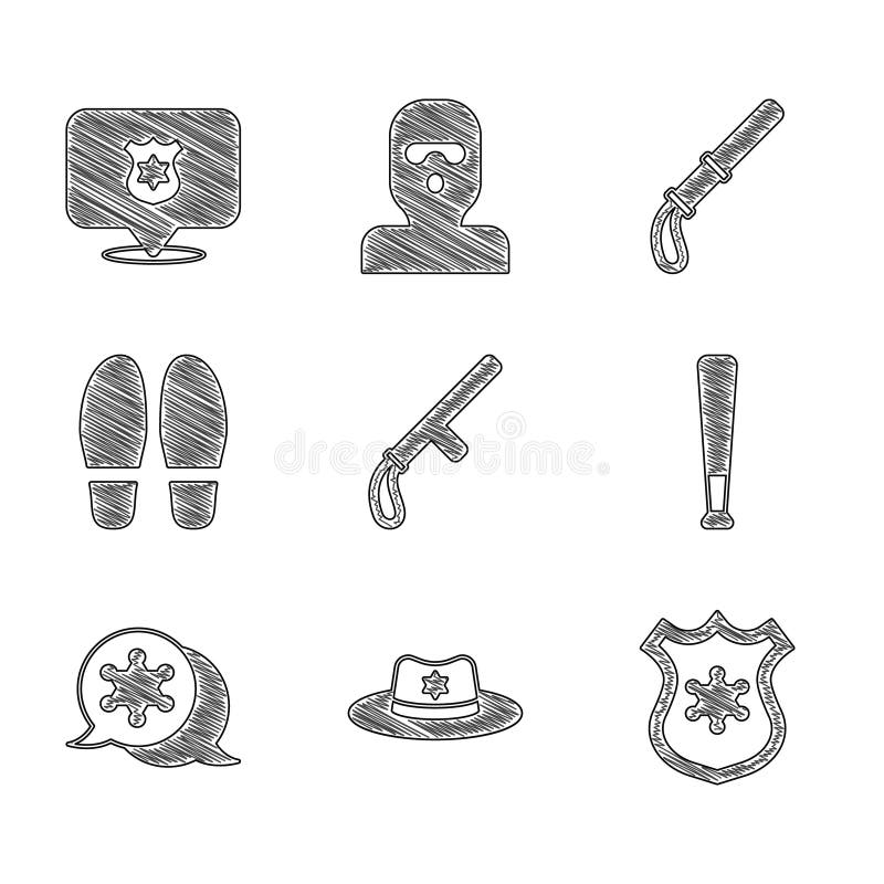 Setați bastonul de cauciuc al poliției, pălăria șerifului cu insignă de baseball, pașii șerifului și pictograma. vector stock illustration