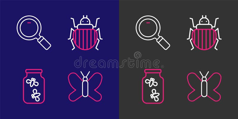 Setați bug-uri linie Butterfly Fireflies într-un borcan Colorado Beetle și Magnifidare Glass Icon. Vector vector illustration
