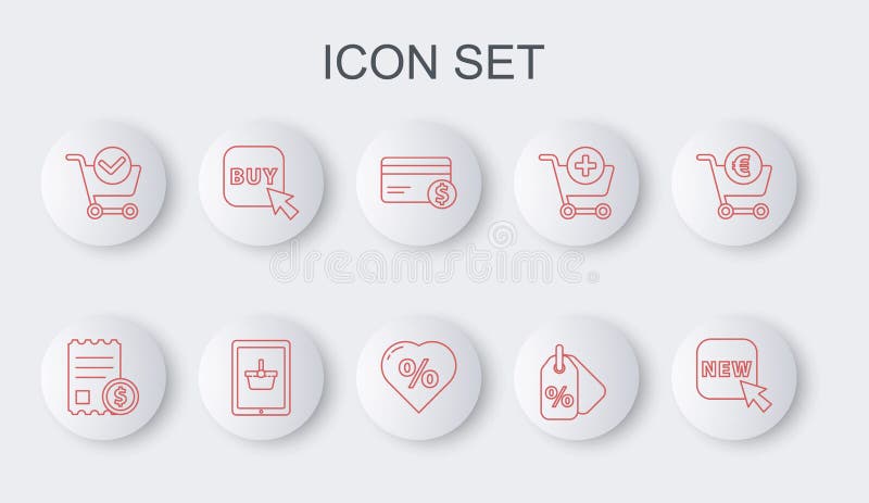 Setați butonul linie cu text nou verificare hârtie și cec financiar card credit discount procent coș de cumpărături tag royalty free illustration