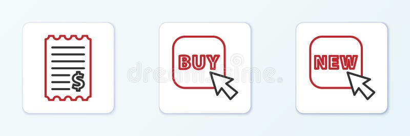 Setați butonul linie cu text nou verificare hârtie și verificare financiară și pictograma buton cumpărare. vector vector illustration