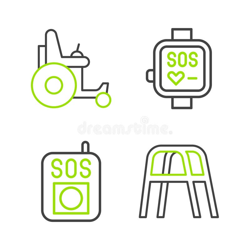 Setați ca declanșator de linie apăsați butonul SOS pentru ceas inteligent și pictograma pentru scaun cu rotile electric. vector vector illustration