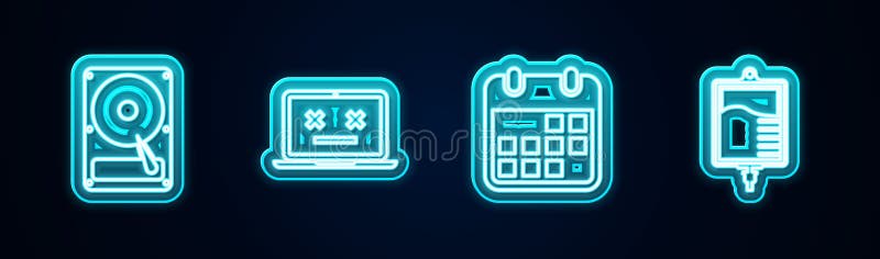 Setați ca unitate hard disk de linie cu calendar de notebook mort și cu sac pentru iv. pictograma Strălucire neon. vector royalty free illustration