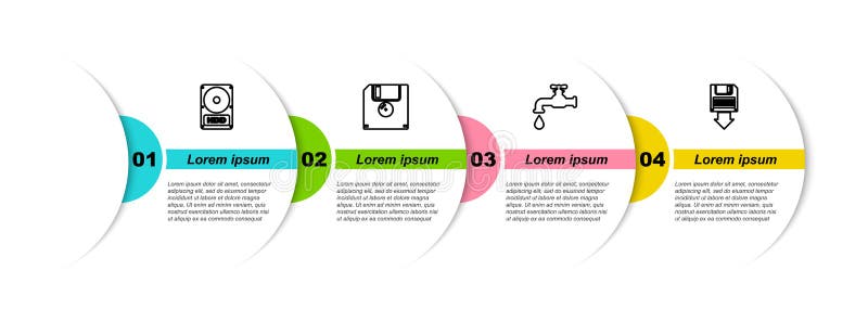 Setați ca unitate hard disk de linie cu robinet cu apă floppy și backup. șablon informativ firmă. vector vector illustration