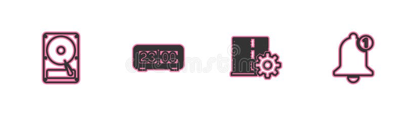 Setați ca unitate hard disk de linie să seteze serverul setând ca ceasul și pictograma pentru clopoțel și înapoi. vector stock illustration