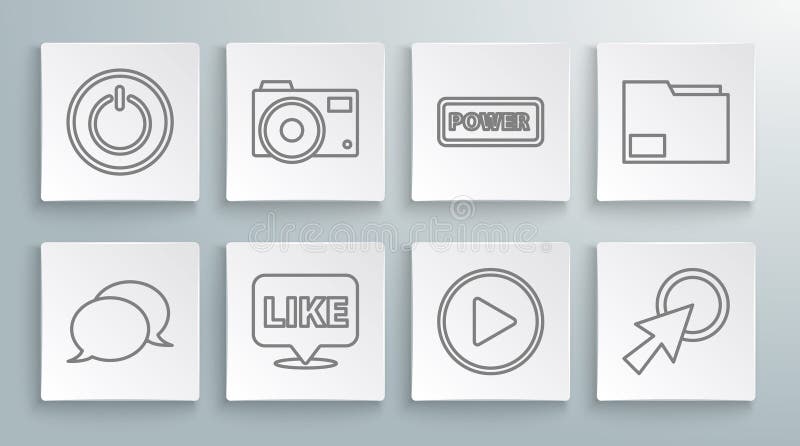 Setați camera foto cu bulă de vorbire linie, ca în dosarul documentului cu butoane de alimentare cu cursor de săgeată în unghi și vector illustration