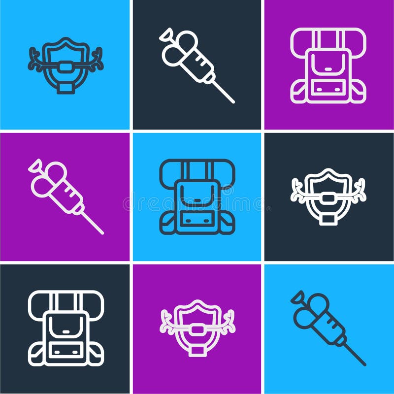 Setați coarne de cerb linie pe rucsacul scutului și pictograma seringii. vector vector illustration
