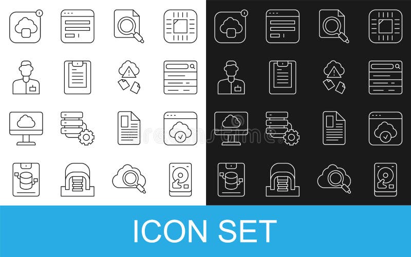 Setați conceptul de motor de disc hard disk cu tehnologie de transfer de date în cloud cu tehnologie de transfer în linie cu rapor vector illustration