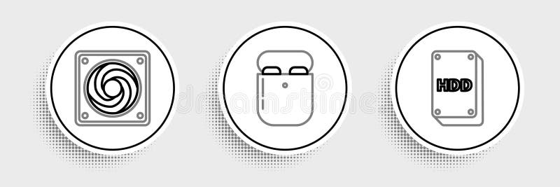 Setați conectoarele de hard disk pe linie cu răcire de computer și căștile de aer în pictograma casetă. vector stock illustration
