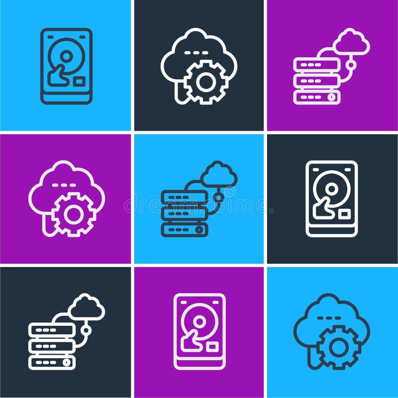 Setați conexiunea de rețea cu hard disk pe linie și pictograma pentru transfer de date din tehnologia de tip cloud și din tehnolog stock illustration