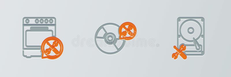 Setați cuptor de service pentru hard disk pe linie și pictogramă pentru cd sau dvd. vector royalty free illustration