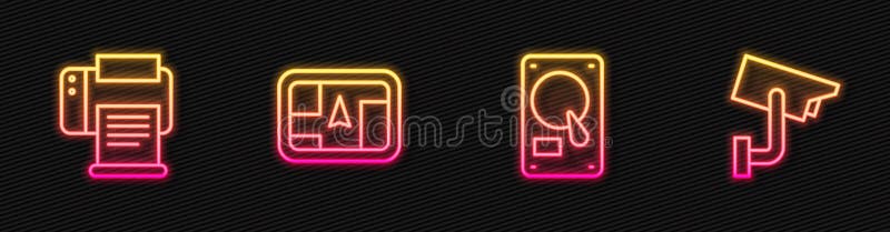 Setați dispozitivul GPS pentru imprimante cu hard disk pe linie cu mapă și cameră de securitate. pictograma Strălucire neon. vecto stock illustration