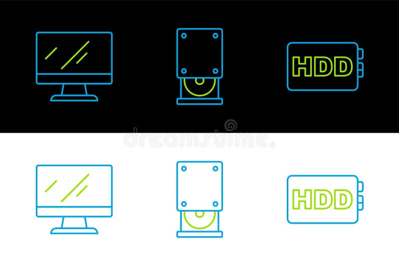 Setați ecranul de monitor pentru calculator și pictograma pentru disc hard disk de linie. vector stock illustration