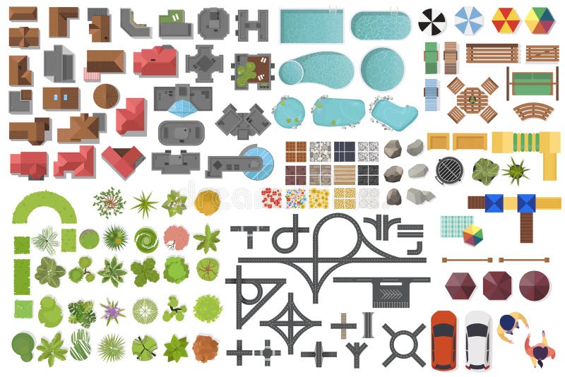 Setați elementele de peisaj în modul de vizualizare superior. case Garden Lake Piscine Poc Poc. set de simboluri de peisaj vector illustration