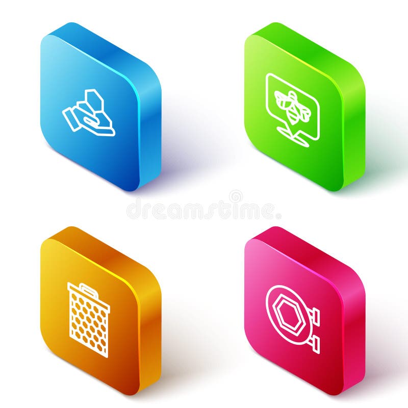 Setați firul izometric format de fagure și de albine de mână și semnul agățat cu ajutorul pictogramei fagure. vector royalty free illustration