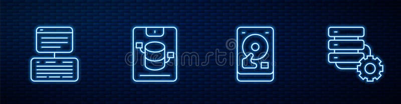 Setați găzduirea și îmbinarea datelor web ale serverului hard disk pe linie. pictograma Strălucire neon pe perete cărămidă. vector vector illustration
