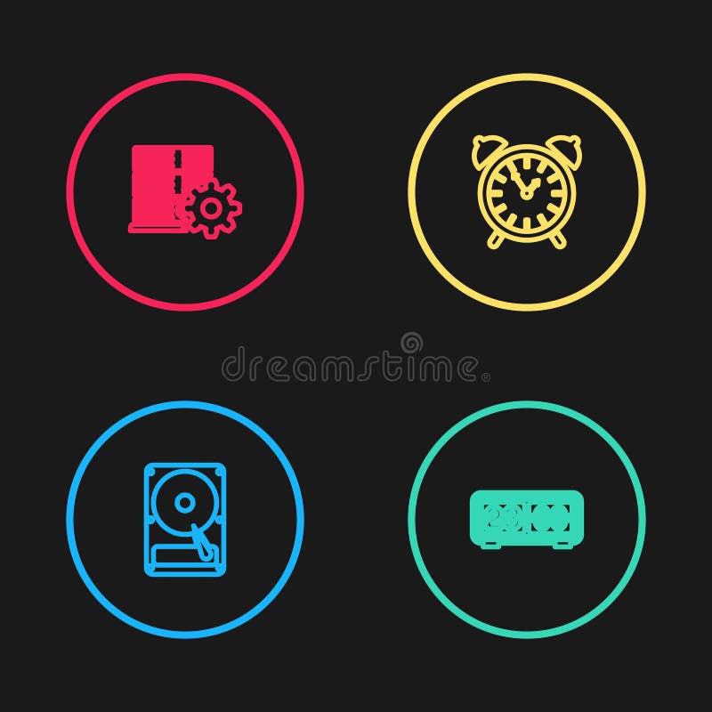Setați hard disk-ul de linie cu ajutorul alarmei de tip flip-clock și al pictogramei de setare a serverului. vector vector illustration