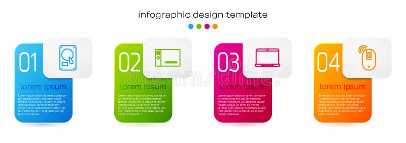Setați hard disk-ul de linie cu notebook-ul tabletă grafică și mouse-ul computerizat wireless. șablon informativ firmă. vector vector illustration