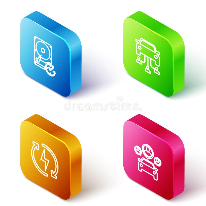 Setați hard disk-ul izometric în linie cu reîncărcarea și pictograma în sensul acelor de ceasornic. vector royalty free illustration