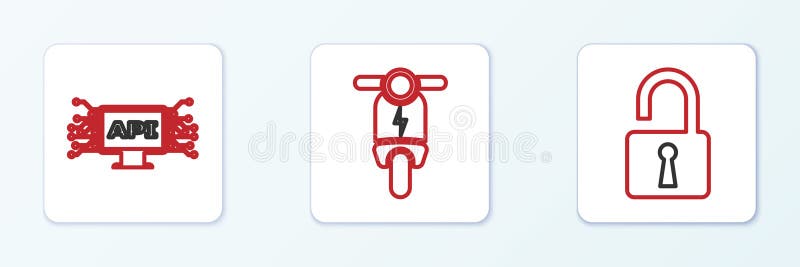 Setați interfața API Open Padlock și pictograma Scuter electric. Vector stock illustration