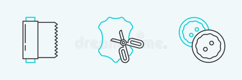Setați linia Buton de cusut pentru haine Rulou din material textil și Foarfece și pictograma din piele. Vector royalty free illustration