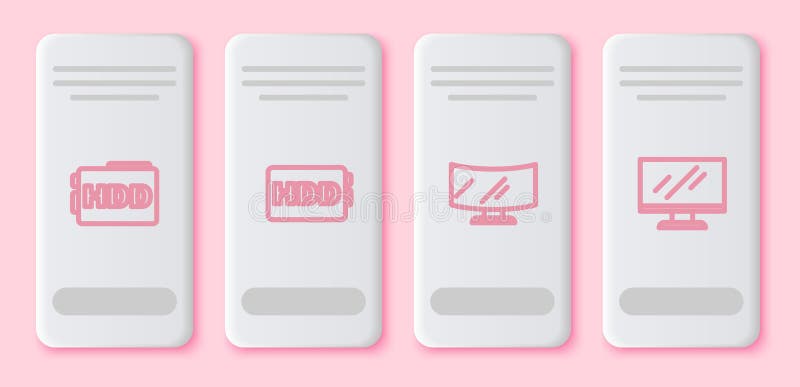 Setați linia de hard disk HDD Computer monitor ecran și. Buton dreptunghi alb. Vector royalty free illustration