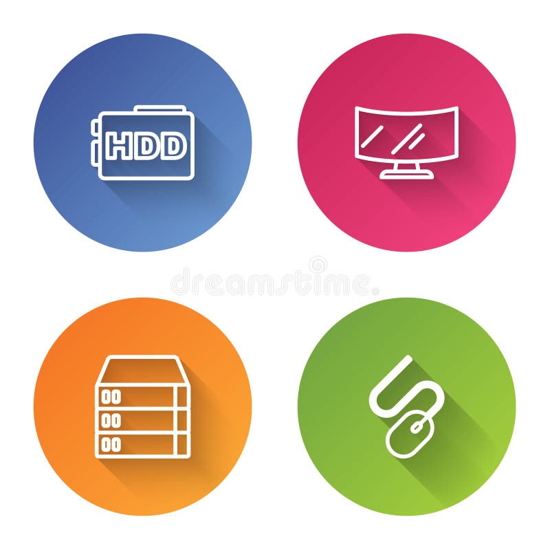 Setați linia Hard disk HDD Computer monitor ecran Server date Web Hosting și mouse. Buton cerc de culori. stock illustration