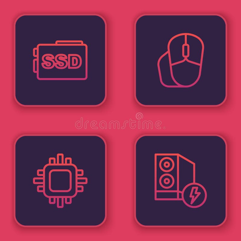 Setați linia SSD card Processor cu mouse-ul computerului și carcasa computerului. Buton pătrat albastru. Vector royalty free illustration