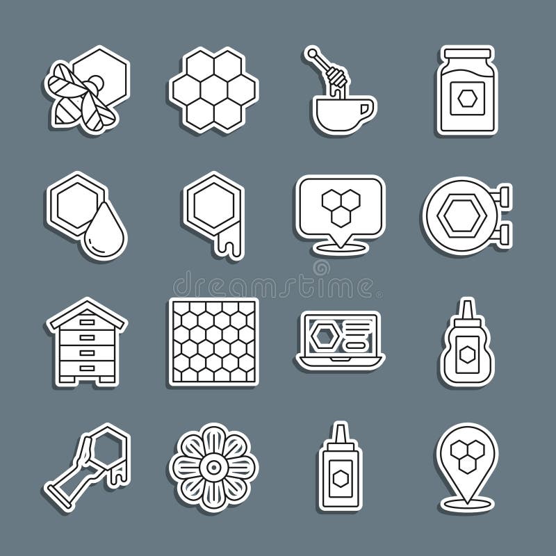 Setați locația albinei Honeycomb Borcanul mierii Indicator agățat cu ajutorul unui bețișor Bee and and icon. Vector royalty free illustration
