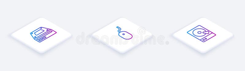Setați mouse-ul și hard disk-ul-disc optic cu linie izometrică. buton pătrat alb. vector royalty free illustration