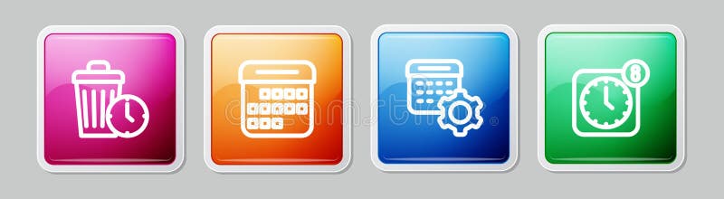 Setați o pierdere de linie a setărilor calendarului și a aplicației mobile ceas cu alarmă. buton pătrat colorat. vector stock illustration