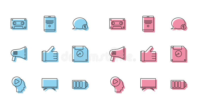Setați persoane cu cap de linie cu buton de redare cu buton de redare audio și retroactiv cu indicator de nivel de încărcare a bat royalty free illustration