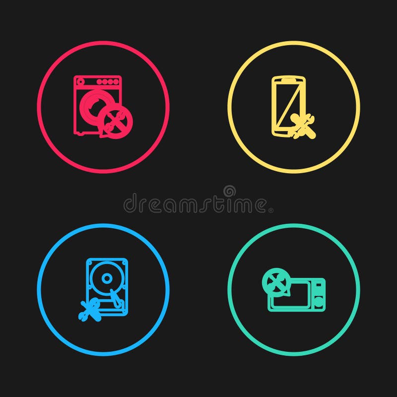 Setați pictograma pentru disc hard disk cu linie pentru service cu microfon și microfon pentru cuptor și pentru spălare. vector stock illustration