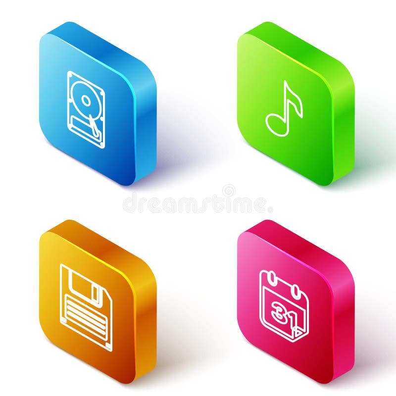Setați pictograma pentru tonuri floppy și calendar pentru hard disk pe linie izometrică. vector royalty free illustration